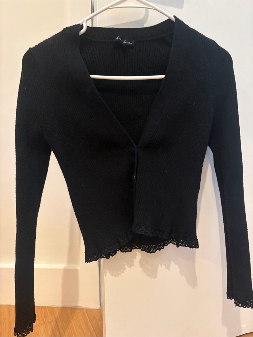 For Love And Lemons Black Ribbed Lace-Trim V-Neck Cardigan